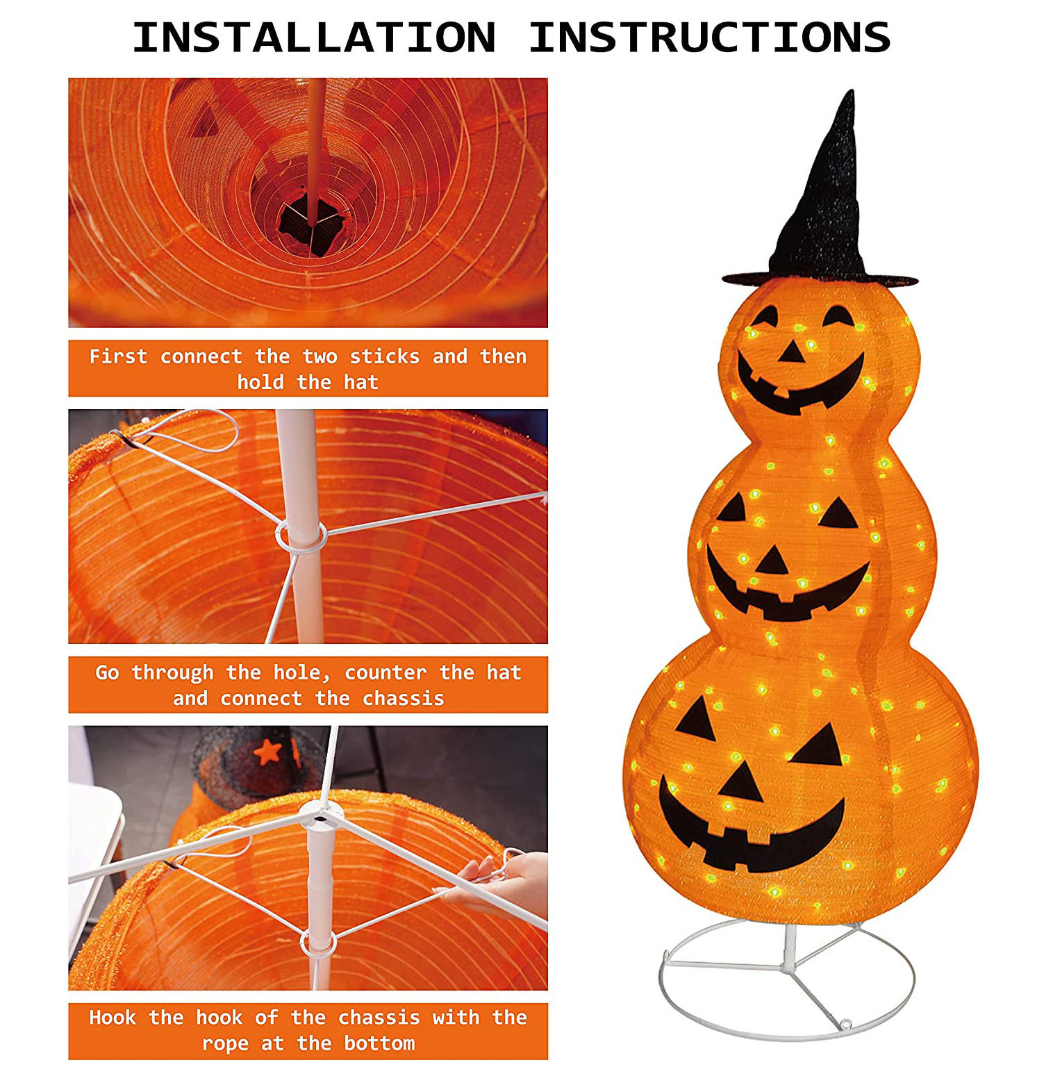 Nicro Tinsel Pumpkin Waterproof Shrink Collapsible Outdoor Foldable Outside Yard Garden Lawn Halloween Motif Light Decorations