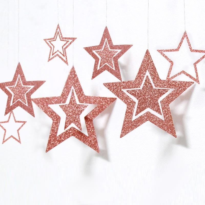 Nicro Wholesale Christmas Rose Gold Glitter Christmas Decoration Star Garland Party Supplies Hanging Star Paper Snowflake Set