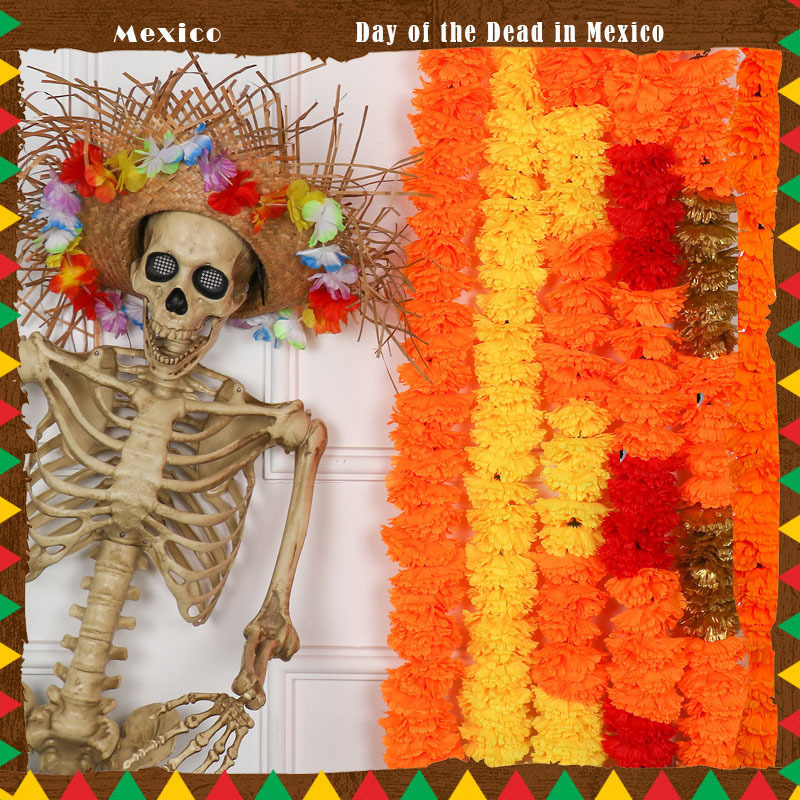 Nicro Dia De Muertos Mexican Fiesta Day Of The Dead Artificial String Marigold Flower Garland Indian Wedding Flowers Decoration