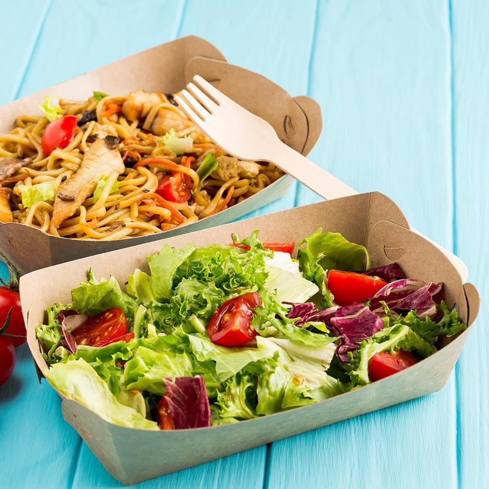 Wax coated restaurant togo takeaway brown kraft corrugated compostable paper food grade cardboard box with window