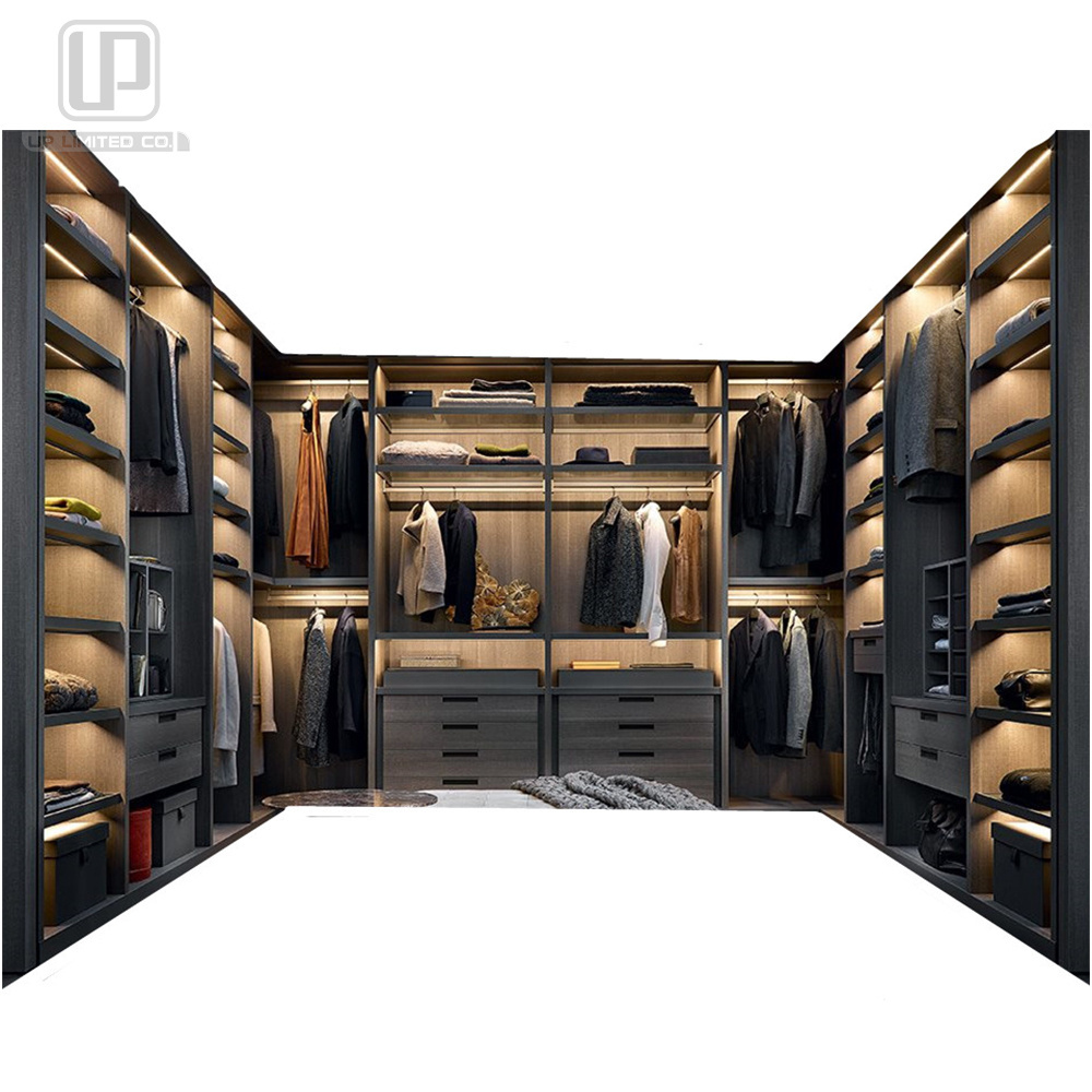 High-end Italian Designer Luxury Open Closet Stainless Steel Glass Wardrobes With LED lighting