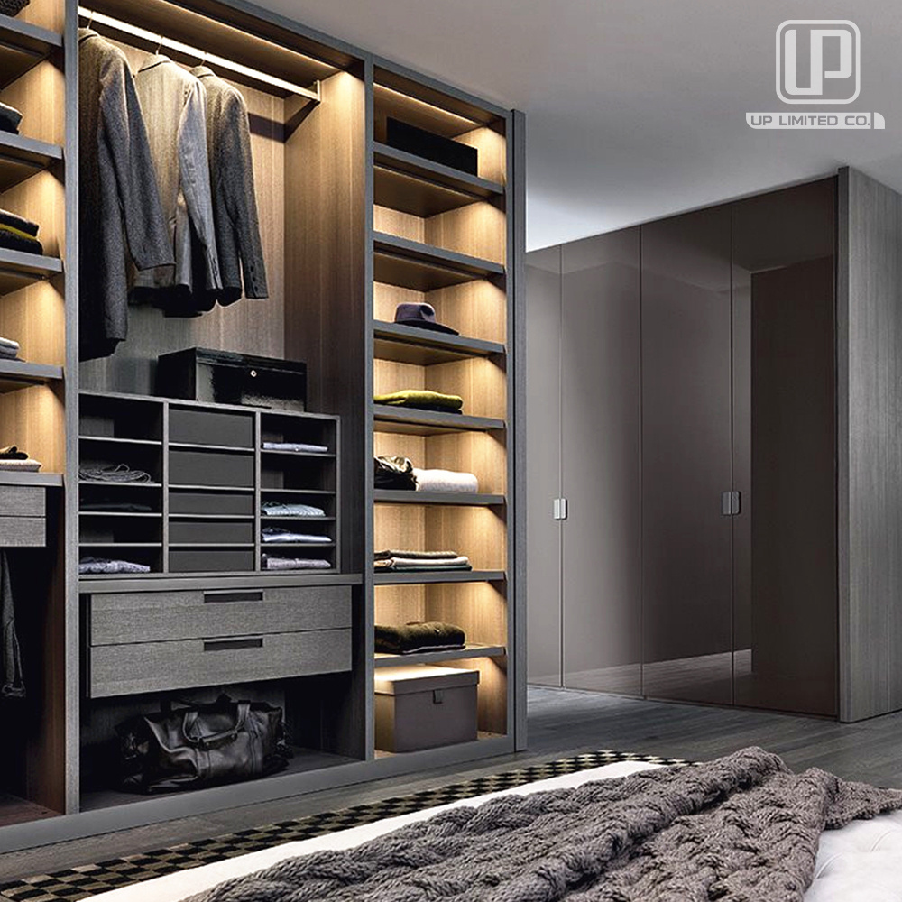 High-end Italian Designer Luxury Open Closet Stainless Steel Glass Wardrobes With LED lighting