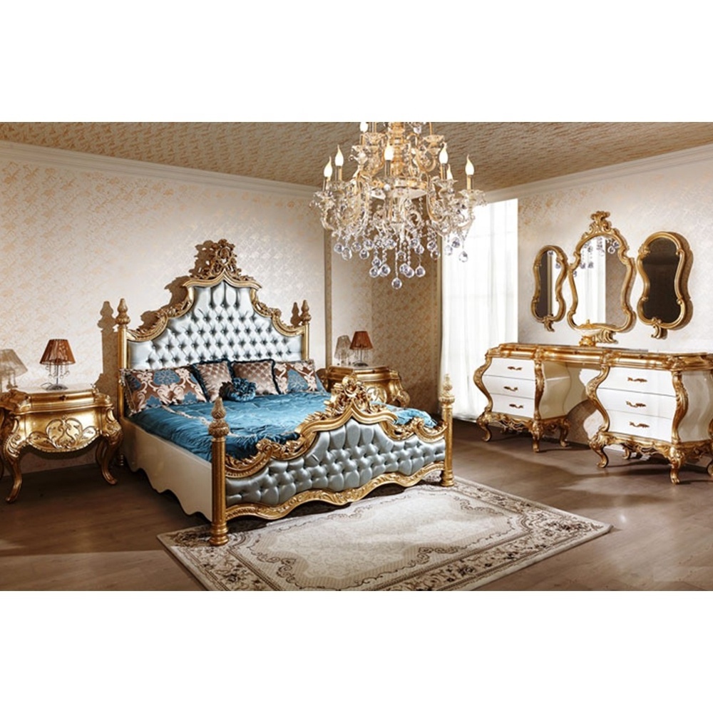 Luxury French Rococo Style Wood Carved Antique Gold Foil King Size Bed Royal European Bedroom Furniture Set