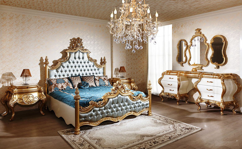 Luxury French Rococo Style Wood Carved Antique Gold Foil King Size Bed Royal European Bedroom Furniture Set