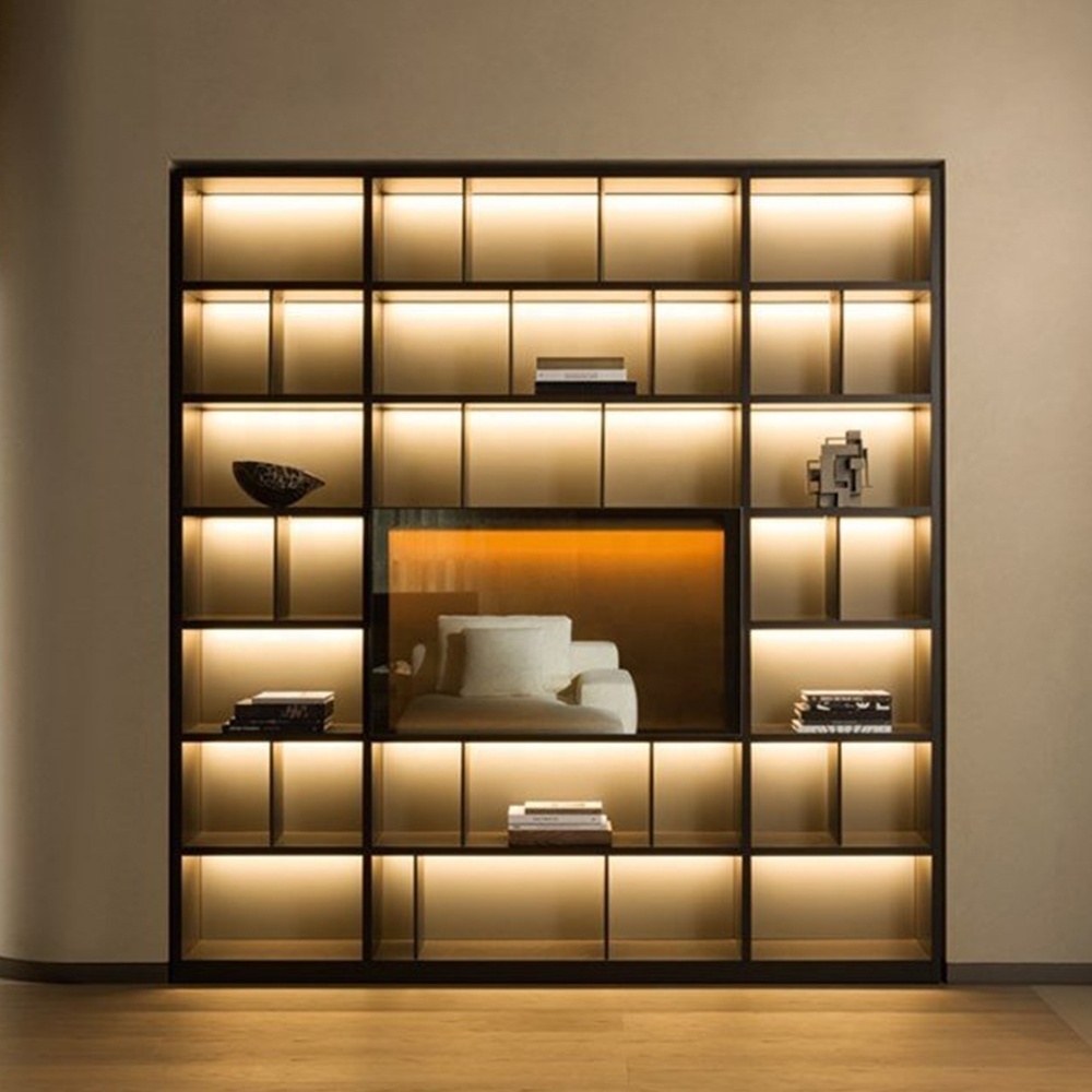 Luxury Italian Furniture Sectional Wooden Bookcase Modern Built-in Lights Bookshelf