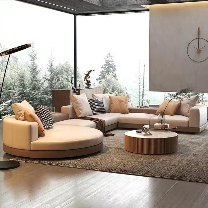 Italian Designer Style Villa Light Luxury Living Room Floor Sofa Minimalist Modern L Shape Leather Sofa