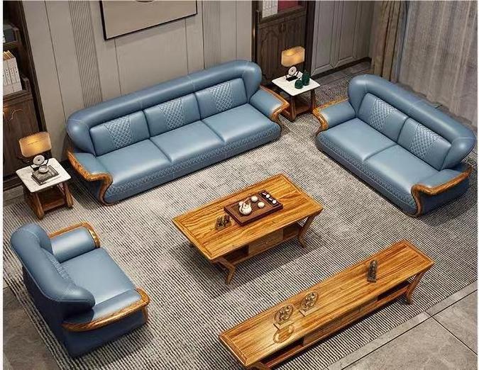 European modern minimalist style living room furniture solid wood frame leather sofa