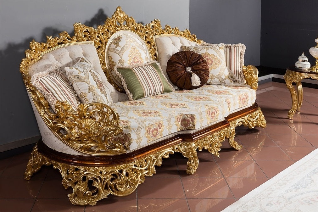 2022 High quality design European classic luxury solid wood hand carved gold leaf finished leather sofa