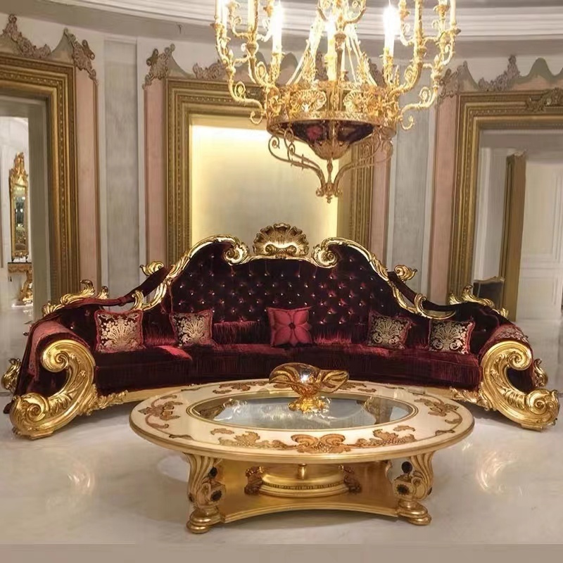 High quality design European king solid wood hand carved gold leaf finished fabric sofa American vintage classical royal sofa