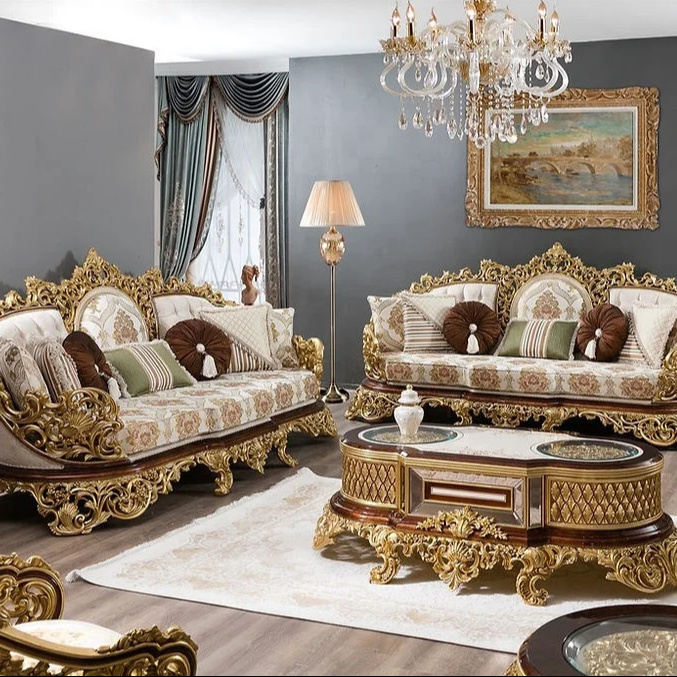 2022 High quality design European classic luxury solid wood hand carved gold leaf finished leather sofa