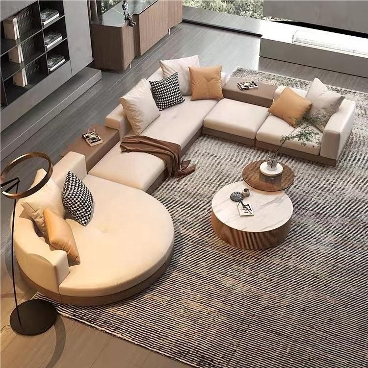 Italian Designer Style Villa Light Luxury Living Room Floor Sofa Minimalist Modern L Shape Leather Sofa