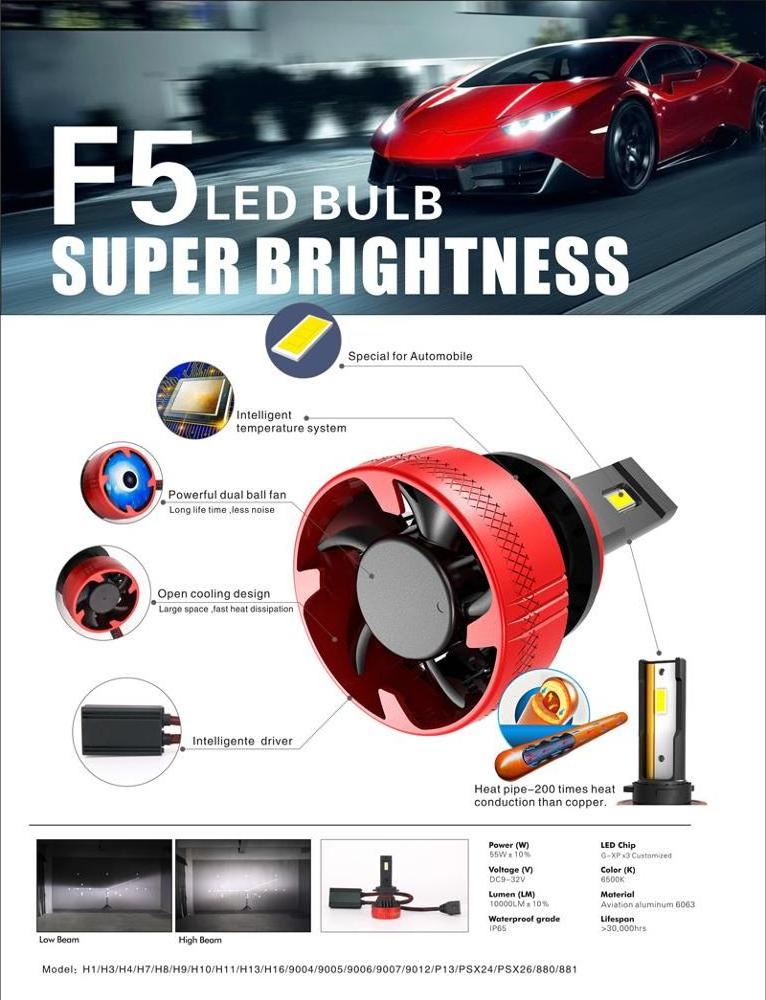 Auto lighting system G-XP chip 10000lm 55w LED with fan 6500K headlight F5 series 9005 bulb