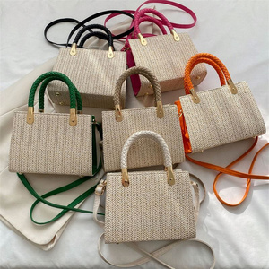 Beach Straw Bag Letter Lock Summer Beach Handbag Eco Friendly Handmade Woven Tote Bag Chains Button Women Purse Handbags