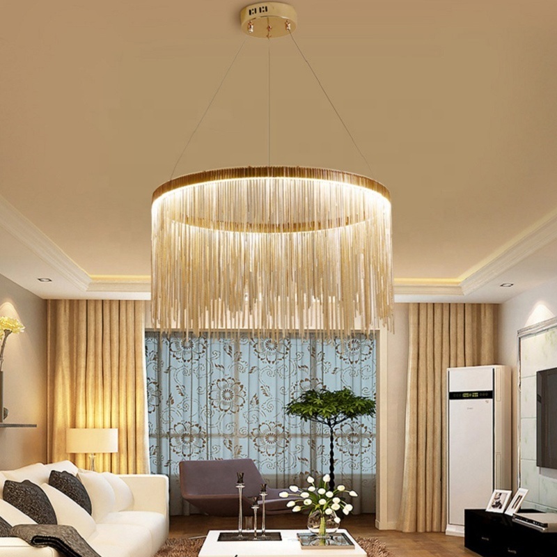 Modern round stainless steel luxury gold rose gold chrome aluminum chandelier chain tassel hanging led pendant lights