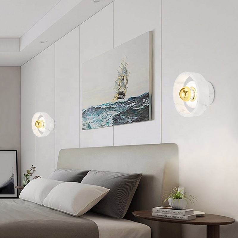 Modern chines style white marble round wall lamp light for living room