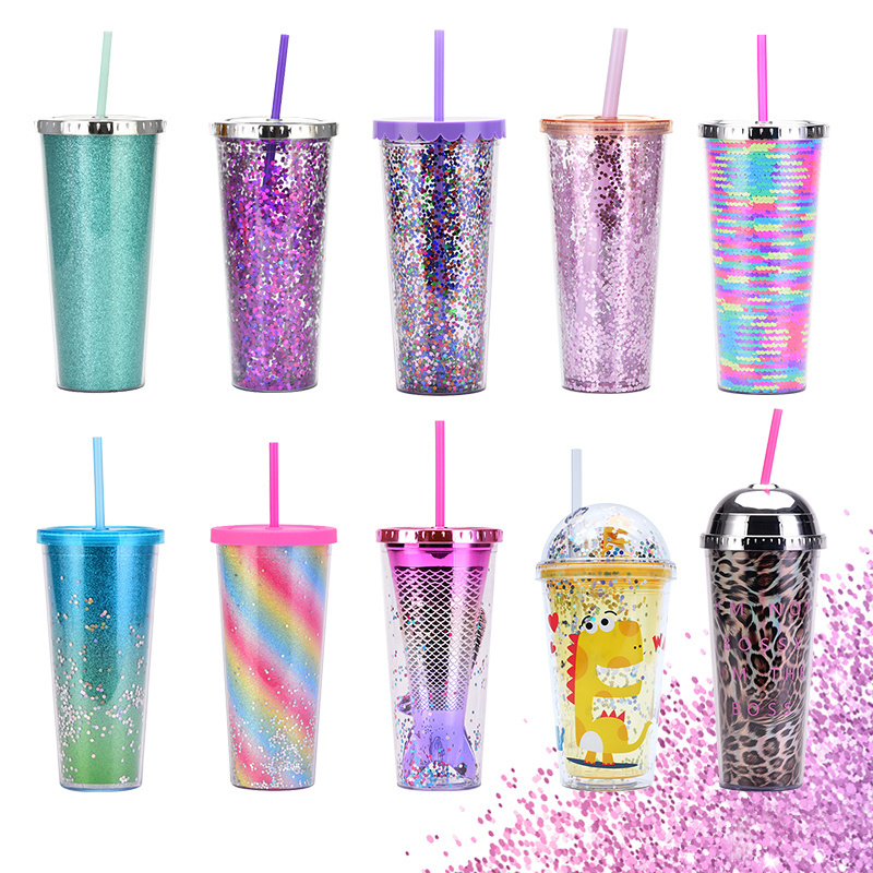 Double walled stainless steel or plastic custom logo tumbler cups vacuum insulated coffee boba straw