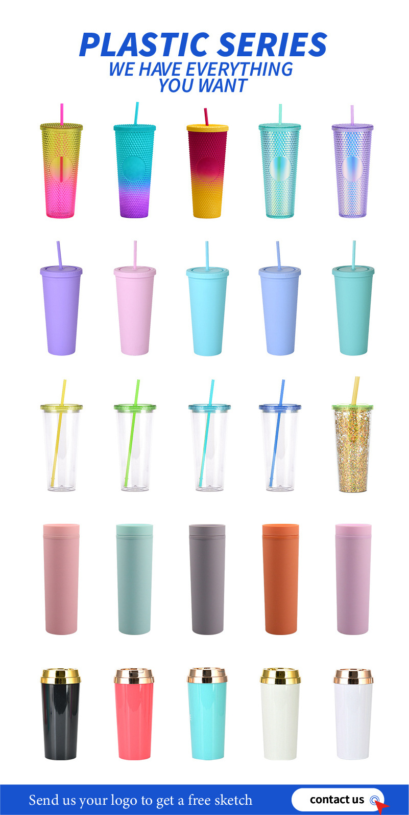 USA Warehouse Slim Skinny Acrylic Matte Tumblers 16oz Plastic Reusable Cups with Straws and Lids