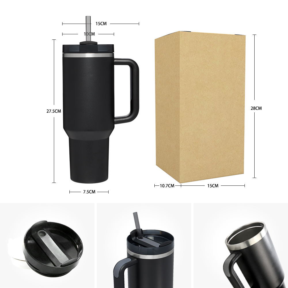 Custom Logo 40 Oz Powder Coated Tumbler Wholesale Bulk 40oz Tumbler With Handle Straw Black Tumbler With Handle And Straw Lid