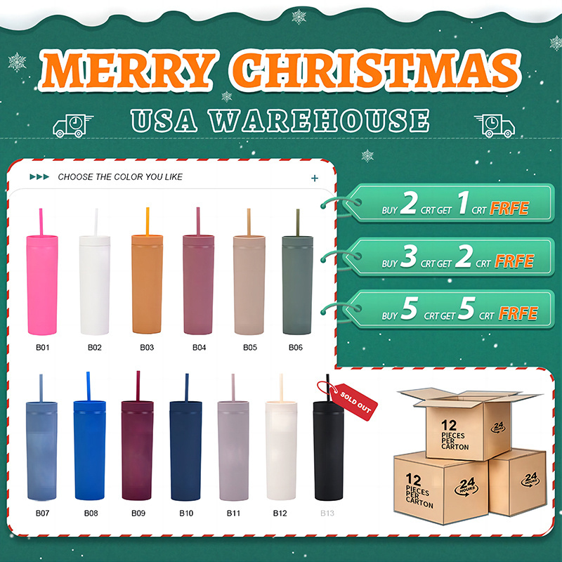 USA Warehouse Slim Skinny Acrylic Matte Tumblers 16oz Plastic Reusable Cups with Straws and Lids