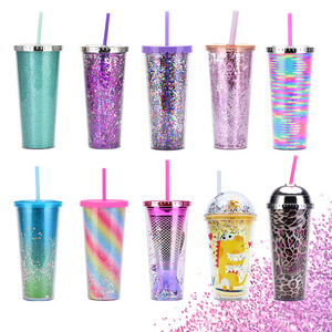 24oz Custom Reusable Tumbler Cups Logo Double Wall Insulated Plastic Coffee Tumbler With Straws And Lids Logo