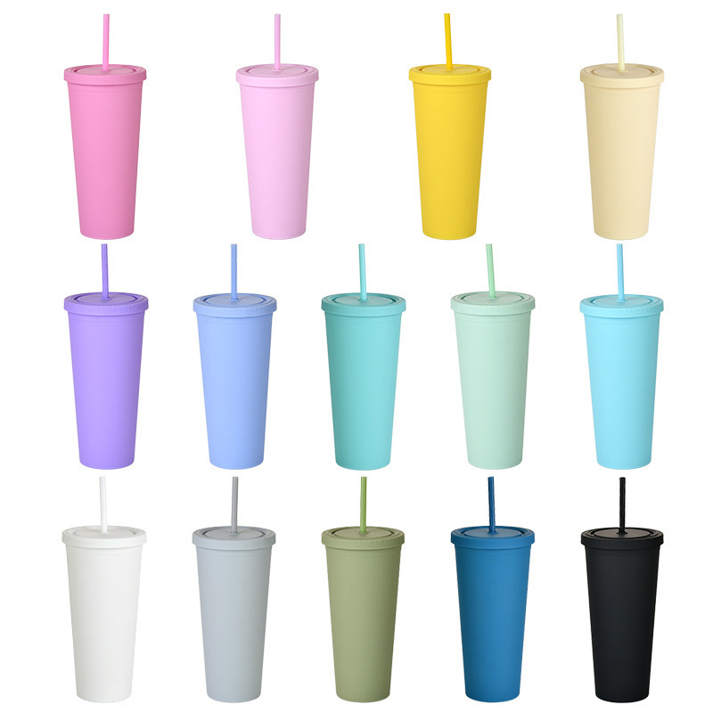 24oz Custom Reusable Tumbler Cups Logo Double Wall Insulated Plastic Coffee Tumbler With Straws And Lids Logo