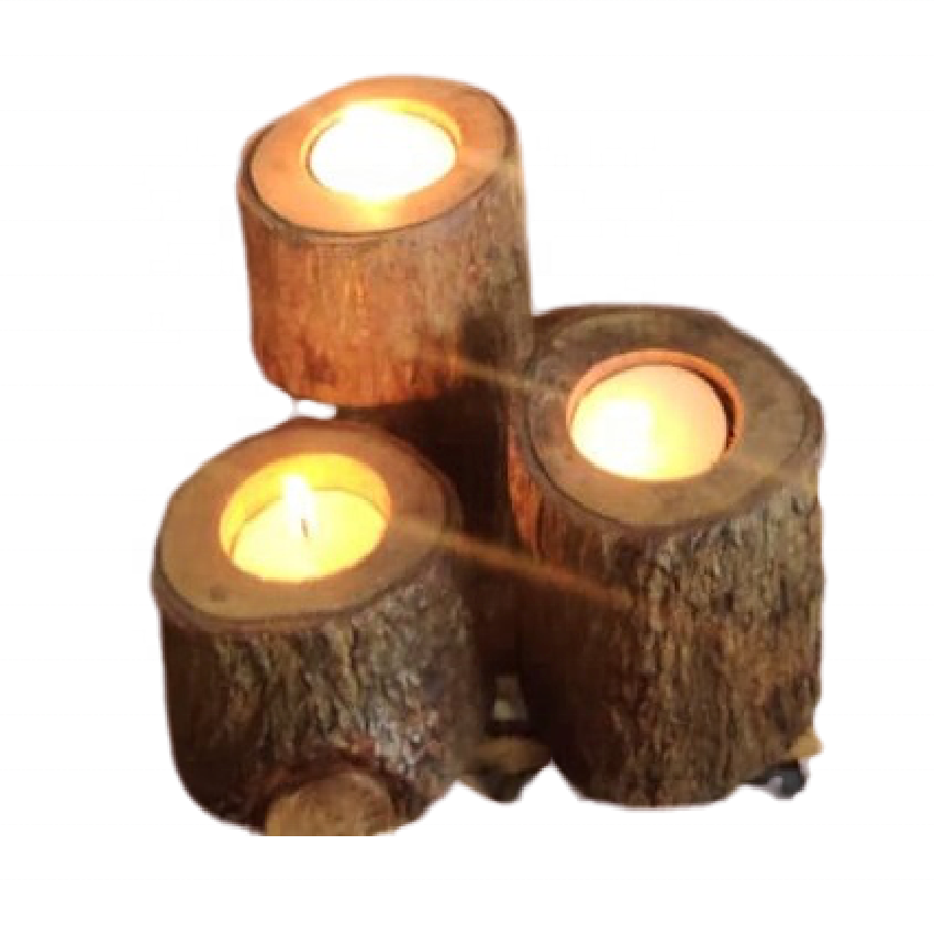 Custom Small Pillar-shaped Natural Brown High-Quality Handmade Home Decor Wooden Tree Bark Wax Filling Tealight & Candle Holder