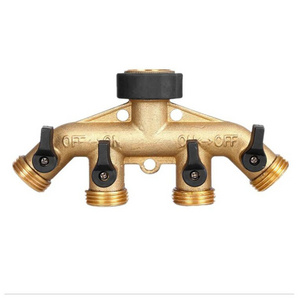 4 Way Brass Hose Splitter, 3/4" Brass Hose Faucet Manifold Garden Hose Adapter Connector