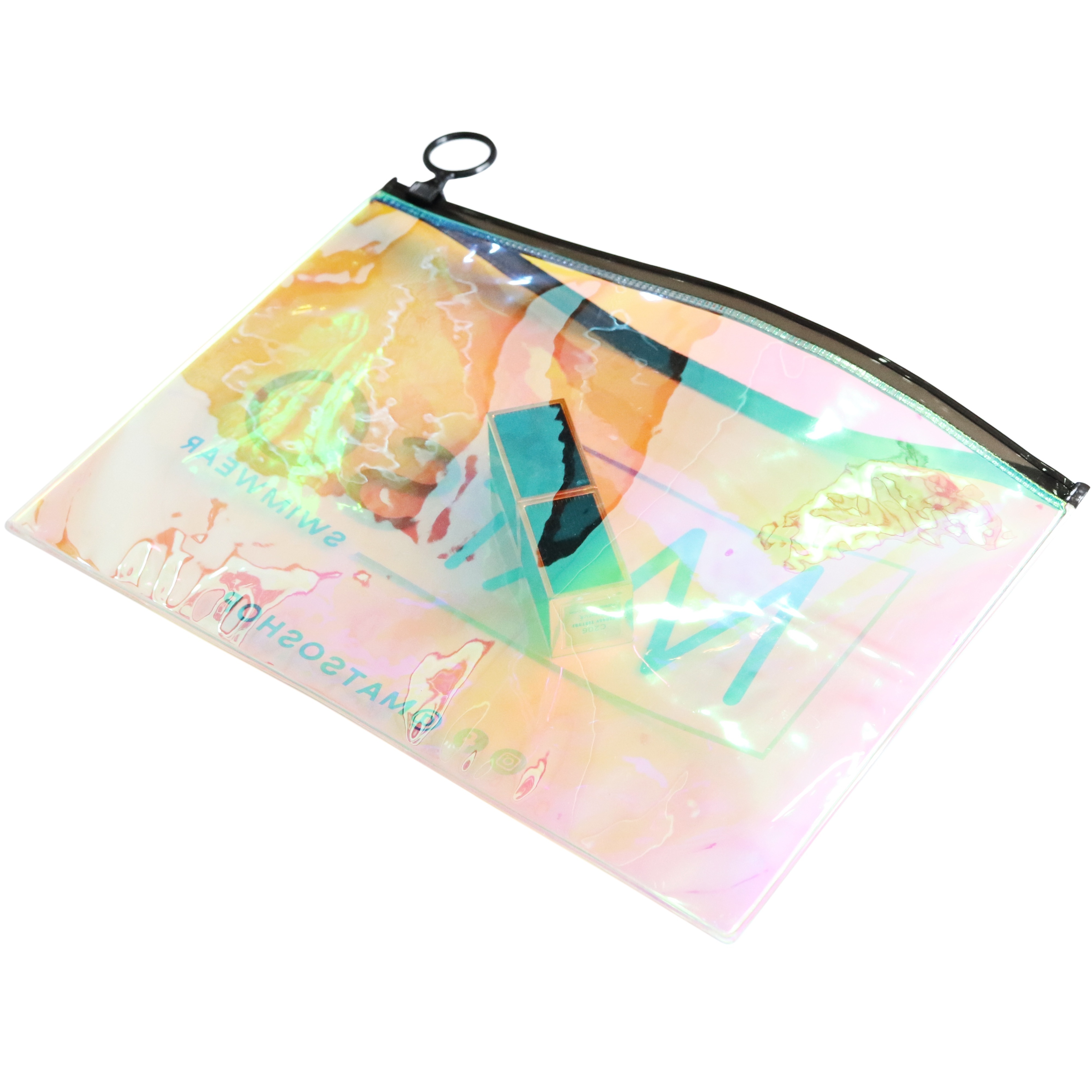 Custom clear PVC holographic shinny plastic biodegradable zipper pouch for swimwear bikini beachwear packaging ziplock bag