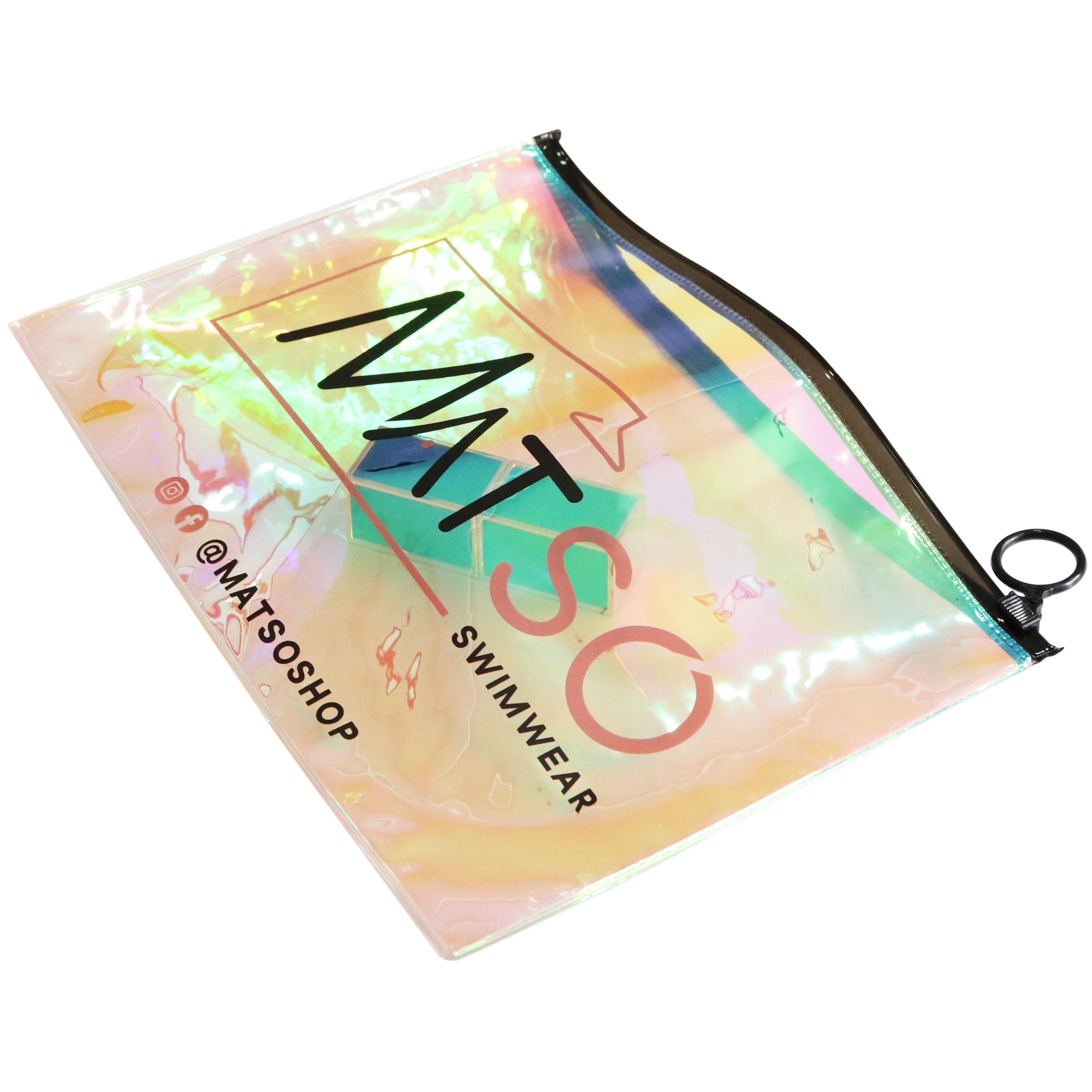 Custom clear PVC holographic shinny plastic biodegradable zipper pouch for swimwear bikini beachwear packaging ziplock bag