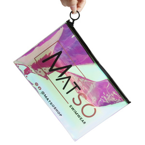 Custom clear PVC holographic shinny plastic biodegradable zipper pouch for swimwear bikini beachwear packaging ziplock bag