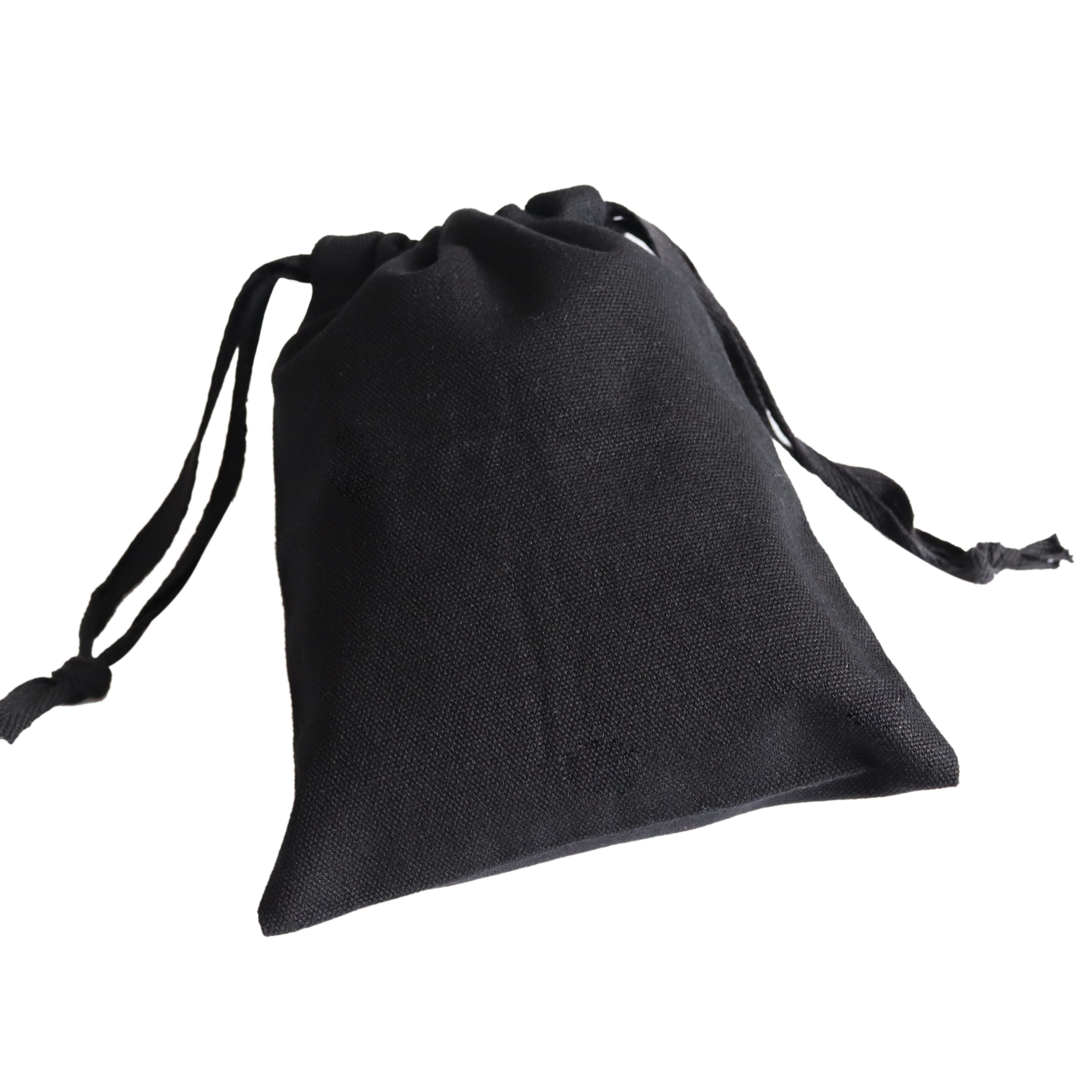 Custom private black cotton linen canvas drawstring bag with White printed logo for handbag hat cap shoe packaging dust pouch