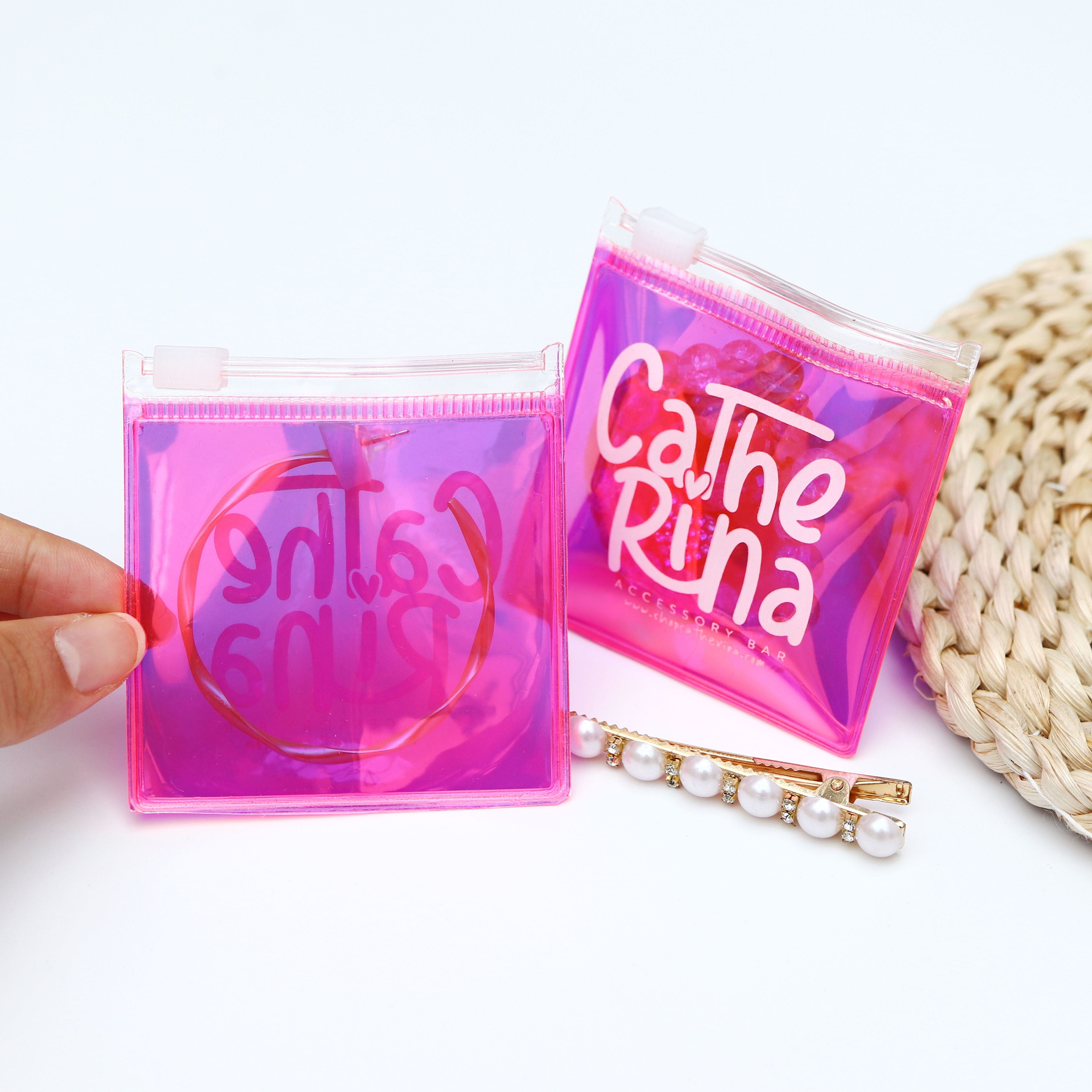 Mini Pink clear Pvc Recyclable Printed jewelry packing zipper bag with printing logo