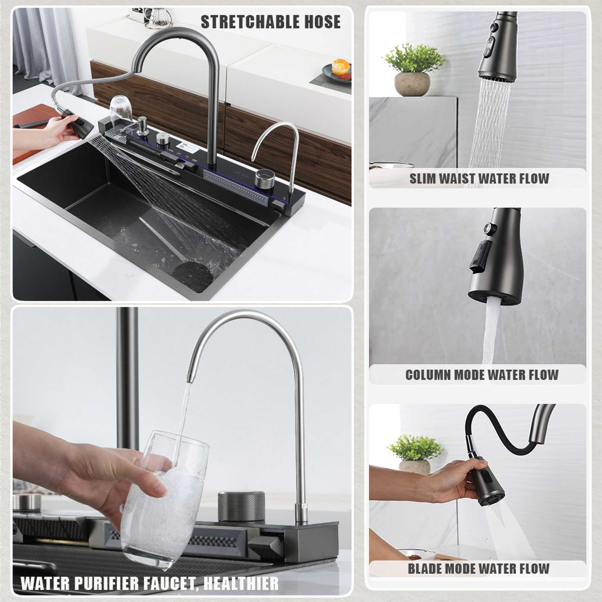 Manufacturer's direct sales SUS304 Feiyu Waterfall multifunctional kitchen sink integrated 5-key with ambient light cup washer