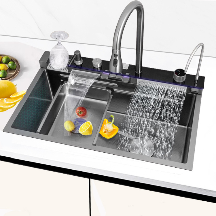 The new SUS304 integrated 5-key multifunctional kitchen sink with ambient light cup washer can be customized