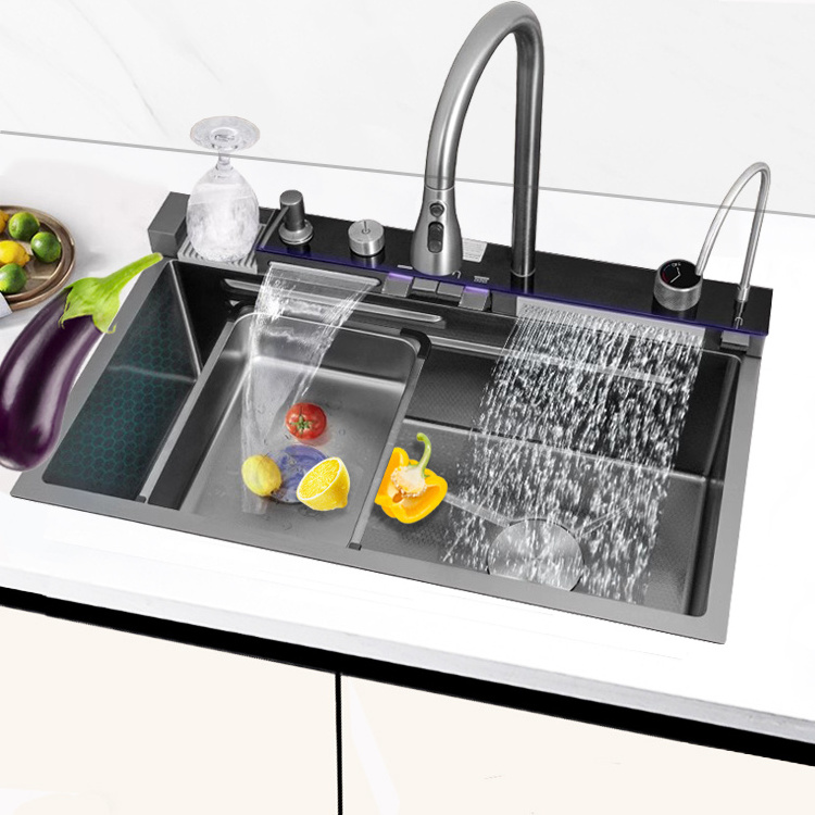 Manufacturer's direct sales SUS304 Feiyu Waterfall multifunctional kitchen sink integrated 5-key with ambient light cup washer