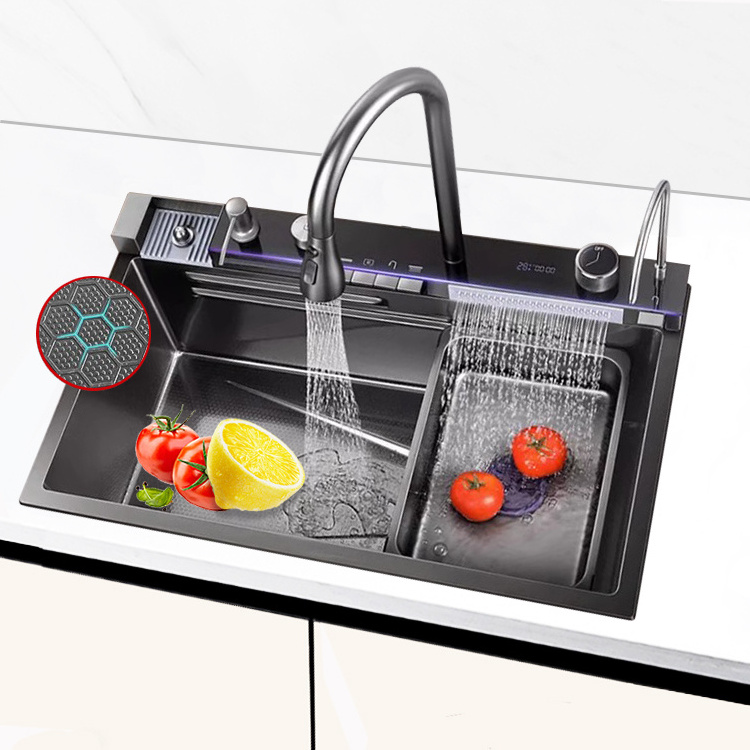 The new SUS304 integrated 5-key multifunctional faucet with atmosphere light and cup washer in the kitchen sink