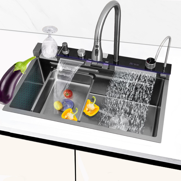 The new SUS304 integrated 5-key multifunctional faucet with atmosphere light and cup washer in the kitchen sink