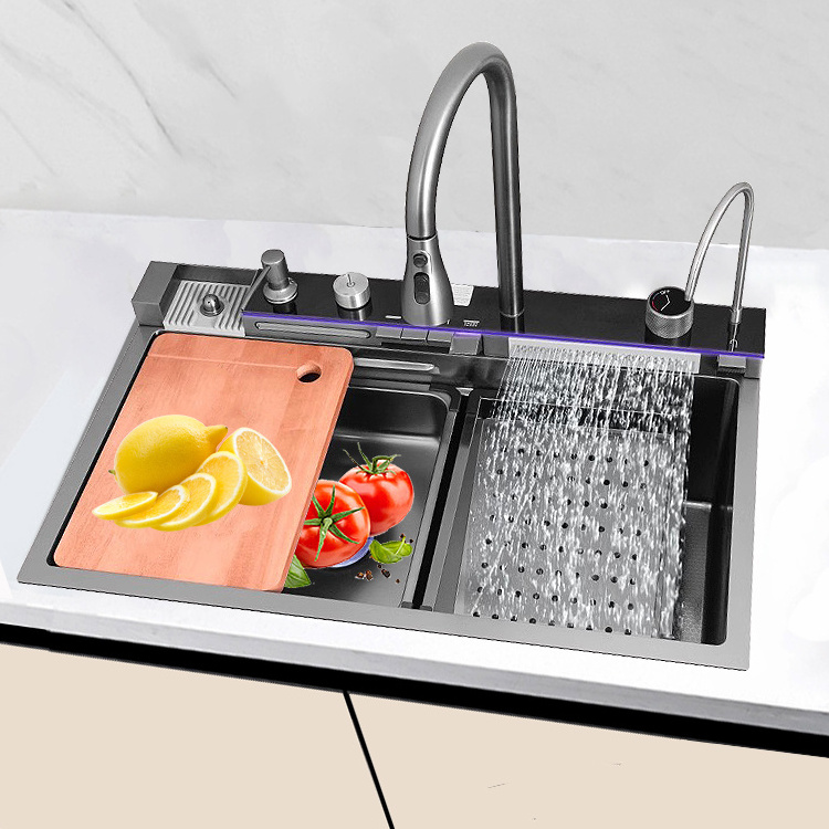 High cost performance, fashionable and multifunctional SUS304 rain sink with atmosphere light and cup washer in the kitchen