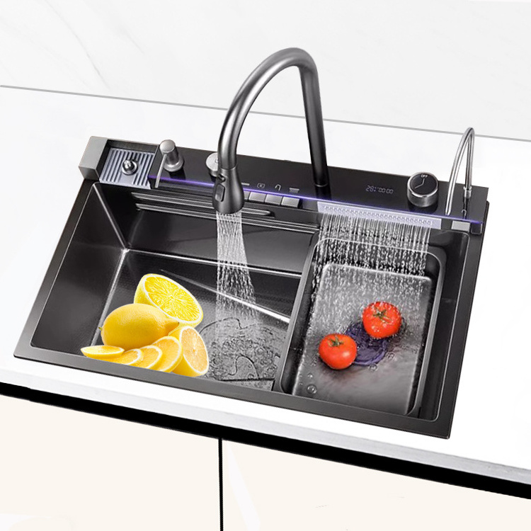 New Feiyu Waterfall Water Flow SUS304 Integrated 5-Key Multi functional Kitchen Sink with Atmosphere Light Cup Washers