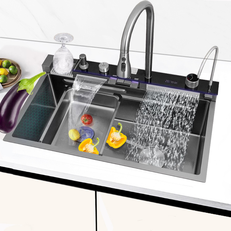 Feiyu Modern Grey Single Kitchen Sink Integrated 5-Key Multi-Functional Waterfall Water Flow SUS304 Atmosphere Light Cup Washers