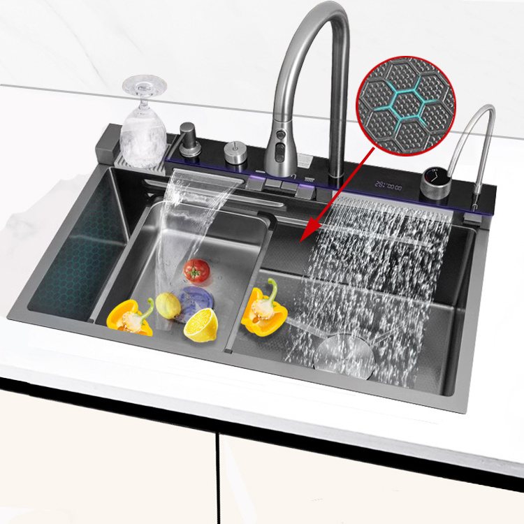 High quality integrated screen connected Feiyu waterfall faucet honeycomb embossed kitchen sink sus304 with atmosphere light