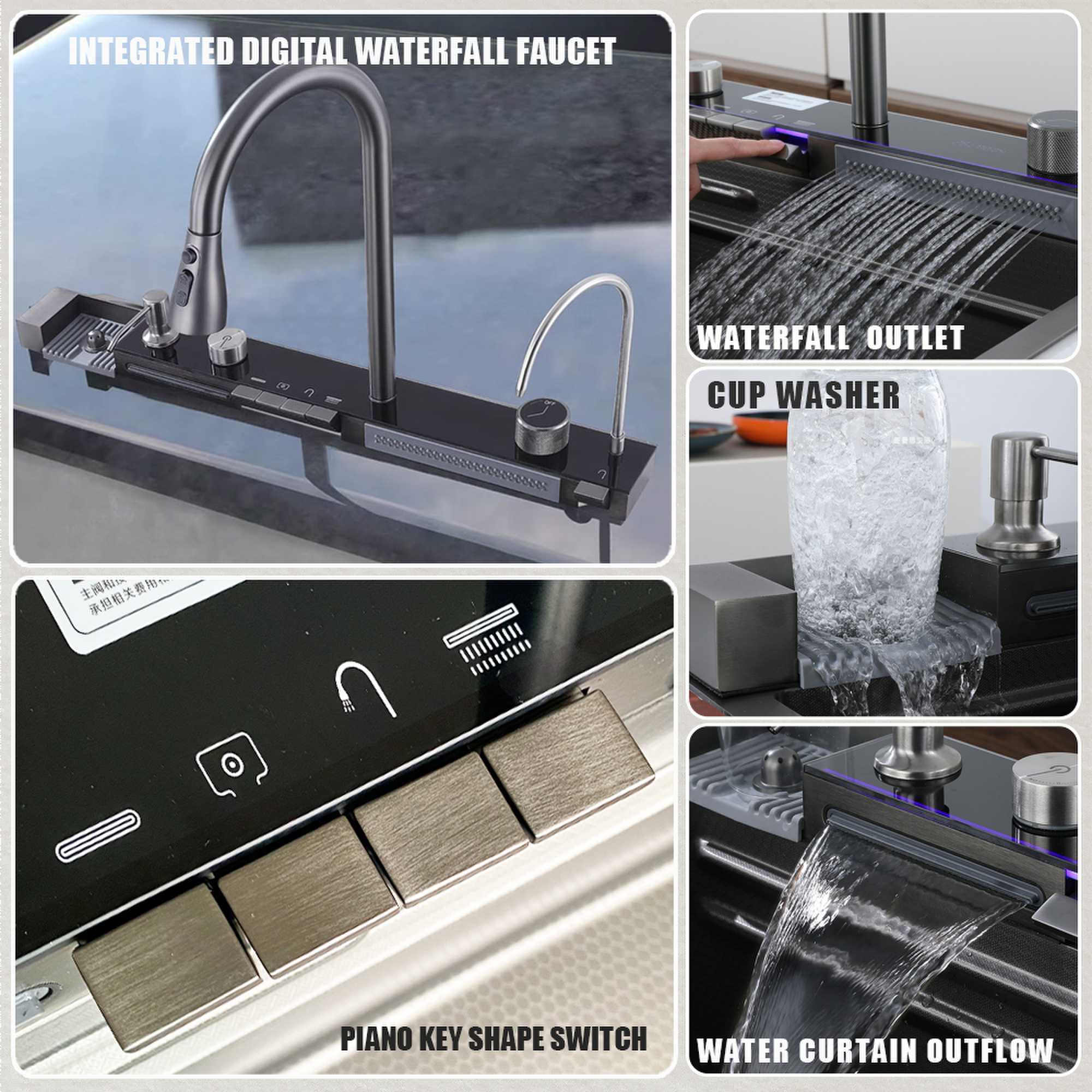 High quality integrated screen connected Feiyu waterfall faucet honeycomb embossed kitchen sink sus304 with atmosphere light