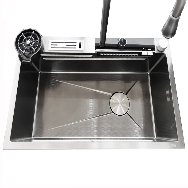 Digital display Feiyu faucet large single slot with atmosphere light honeycomb embossed kitchen sink