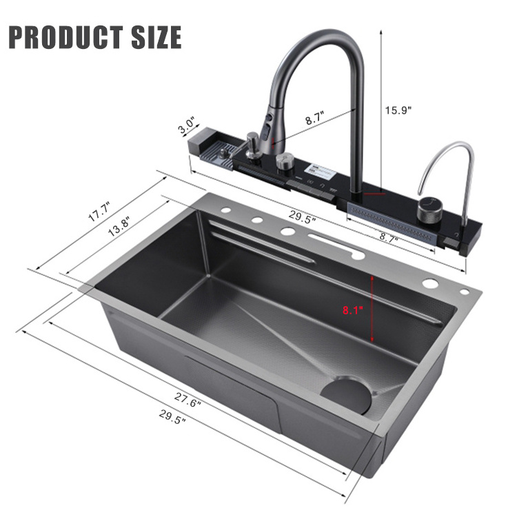 OEM 304 stainless steel multifunctional screen flying rain sink with atmosphere light in kitchen single slot