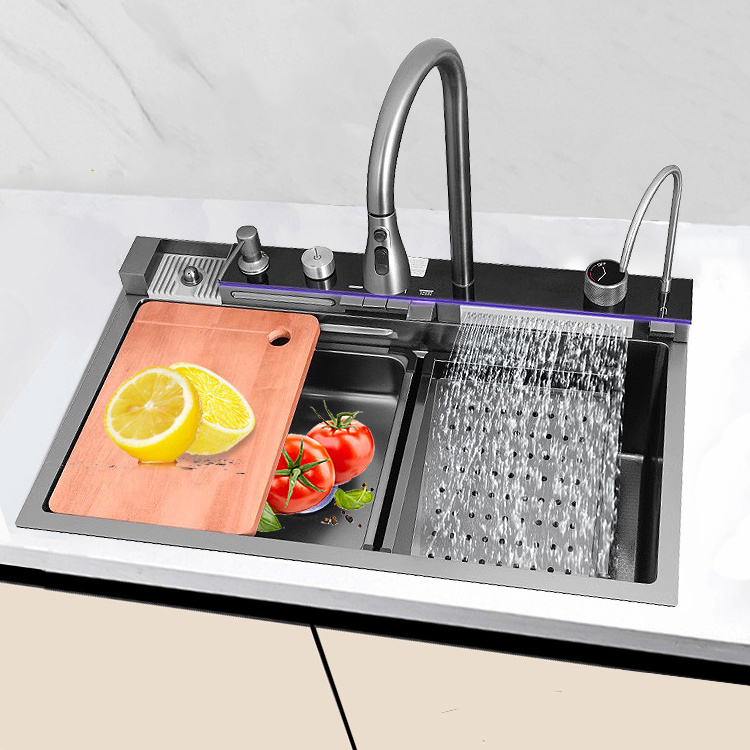 The new SUS304 integrated 5-key multifunctional faucet with atmosphere light and cup washer in the kitchen sink