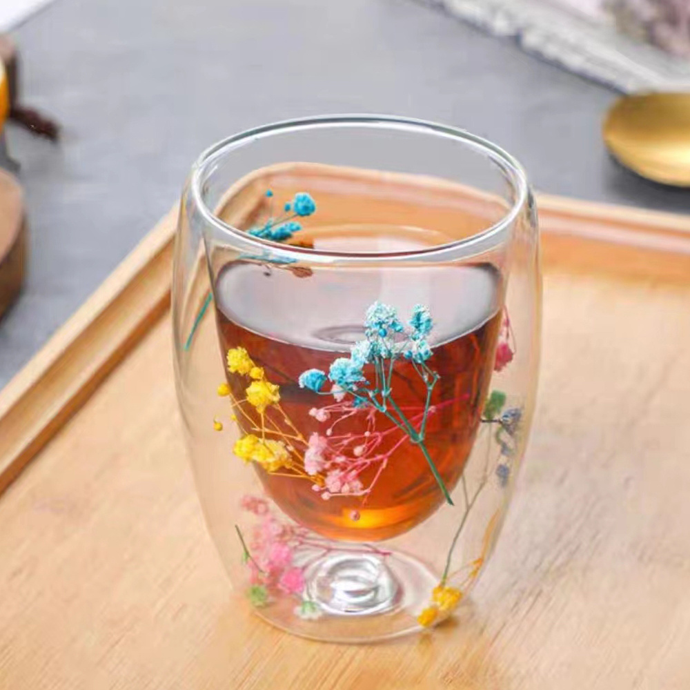 Double Wall High Borosilicate Glass  flower patterned  sides with handle