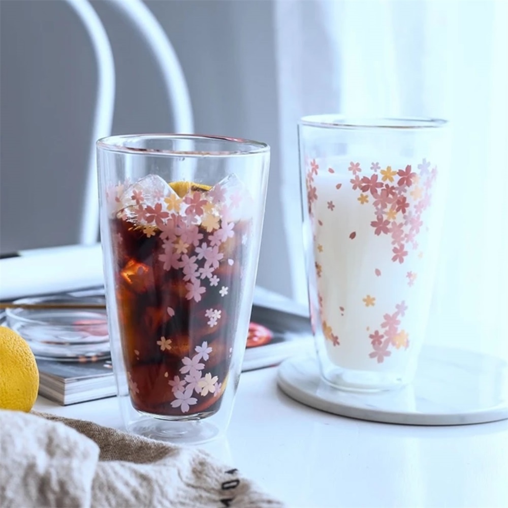 Cherry Blossoms Double Wall Glass Tea Cup Milk Drink Cup