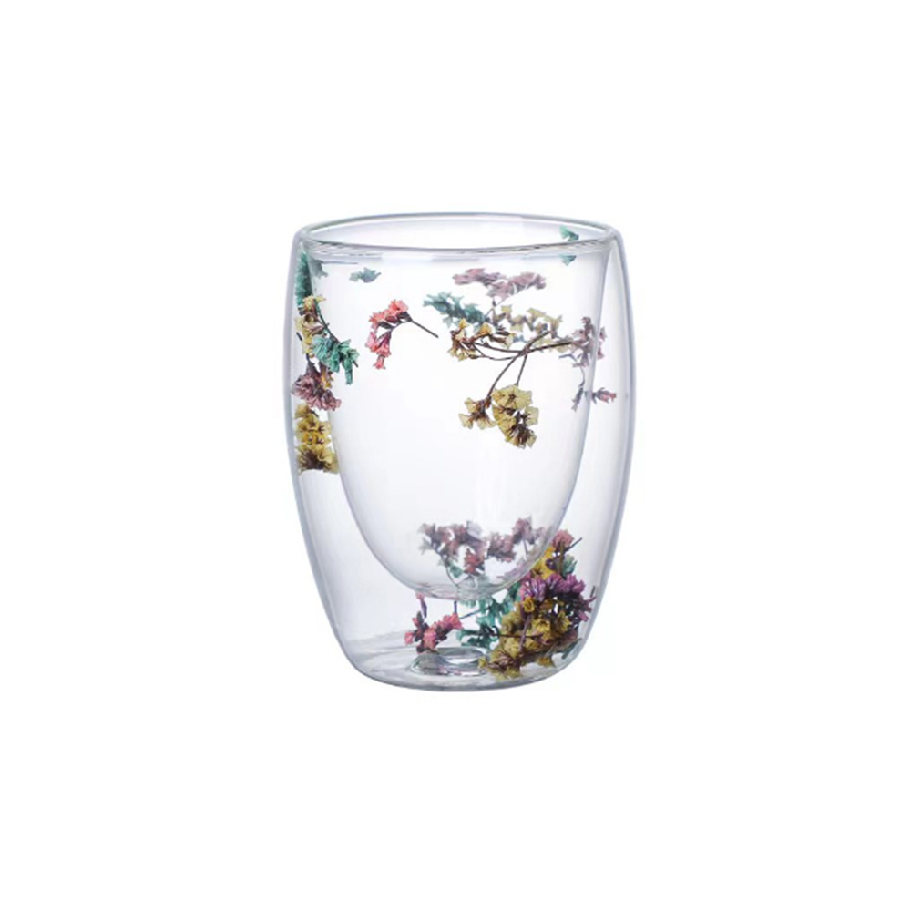 Double Wall High Borosilicate Glass  flower patterned  sides with handle