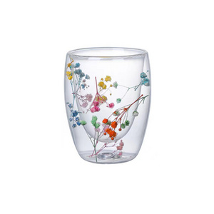 High quality Double Wall High Borosilicate Glass  flower patterned  sides with handle