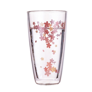 Cherry Blossoms Double Wall Glass Tea Cup Milk Drink Cup